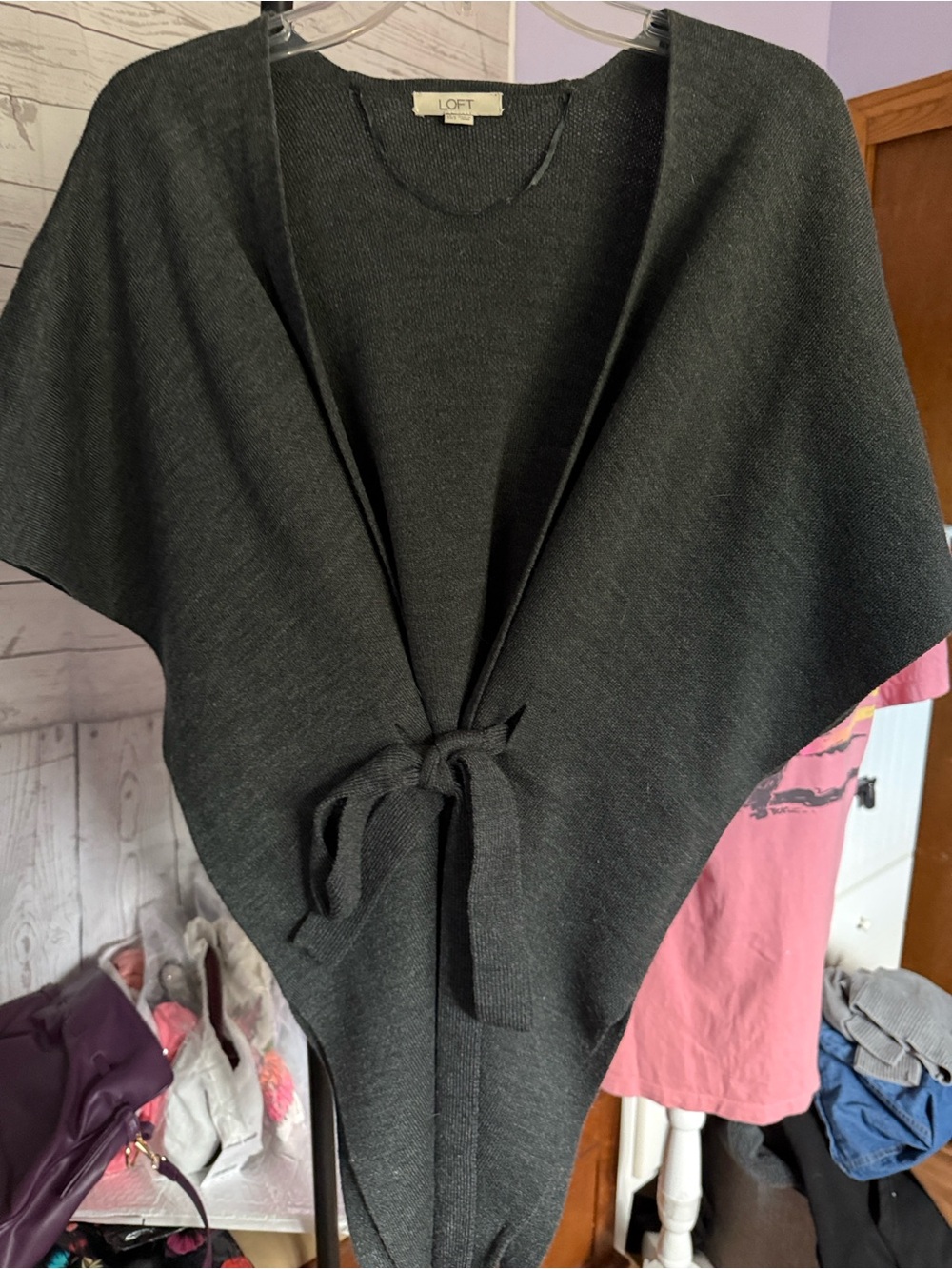 LOFT Charcoal Tie-Front Poncho Sweater